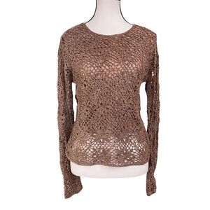 NORTON McNAUGHTON Sweater Open Cable‎ Knit Crochet Overlay Blouse Gold Relaxed S